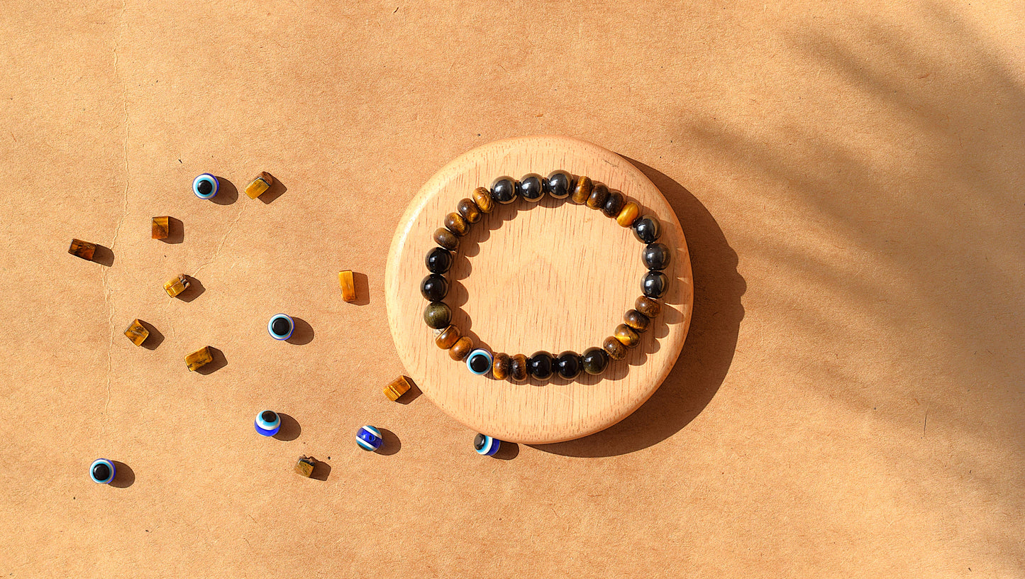 Triple Protection Bracelet | Black Obsidian, Tiger Eye, Hematite & Evil Eye for Ultimate Protection
