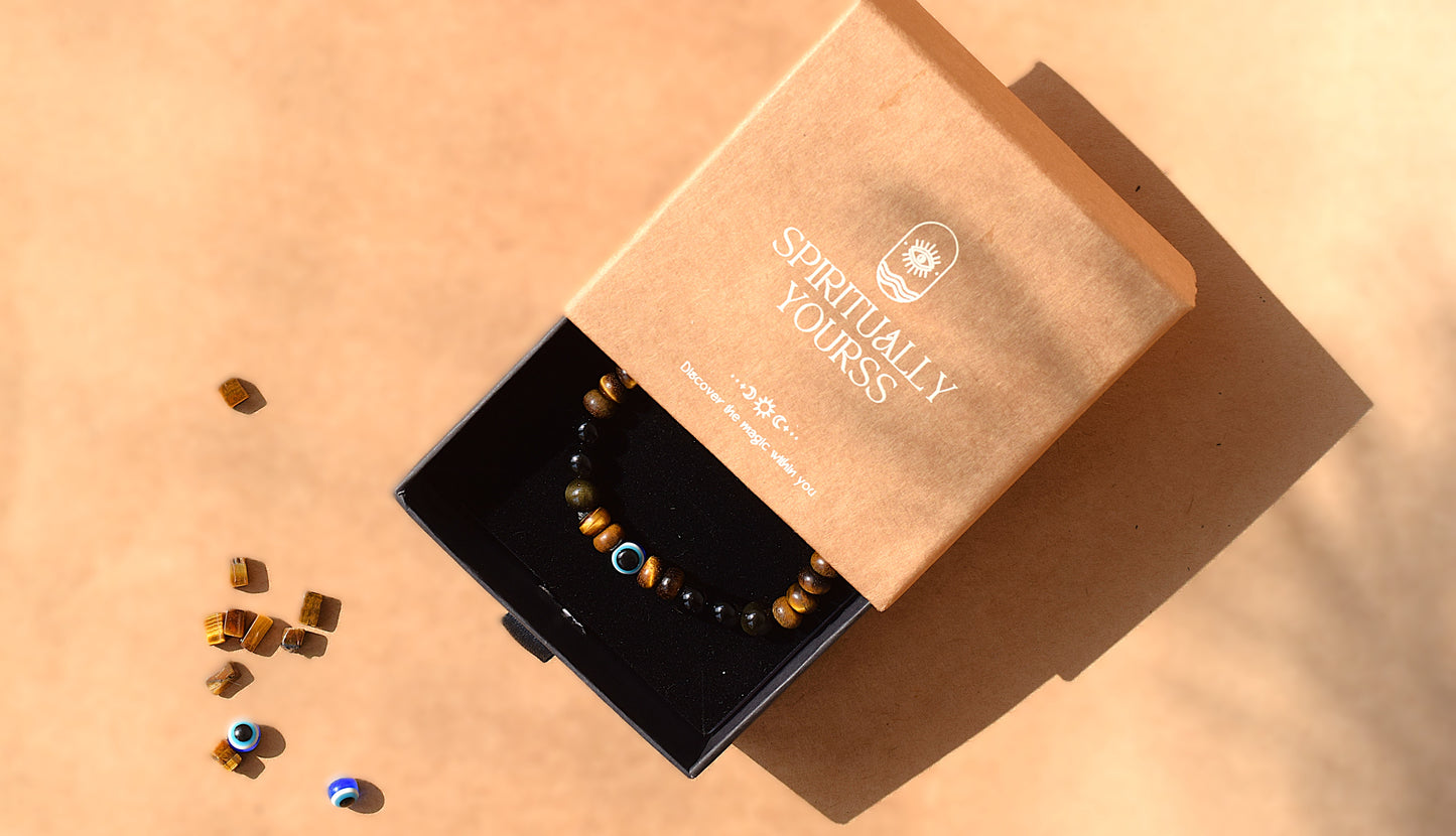Triple Protection Bracelet | Black Obsidian, Tiger Eye, Hematite & Evil Eye for Ultimate Protection