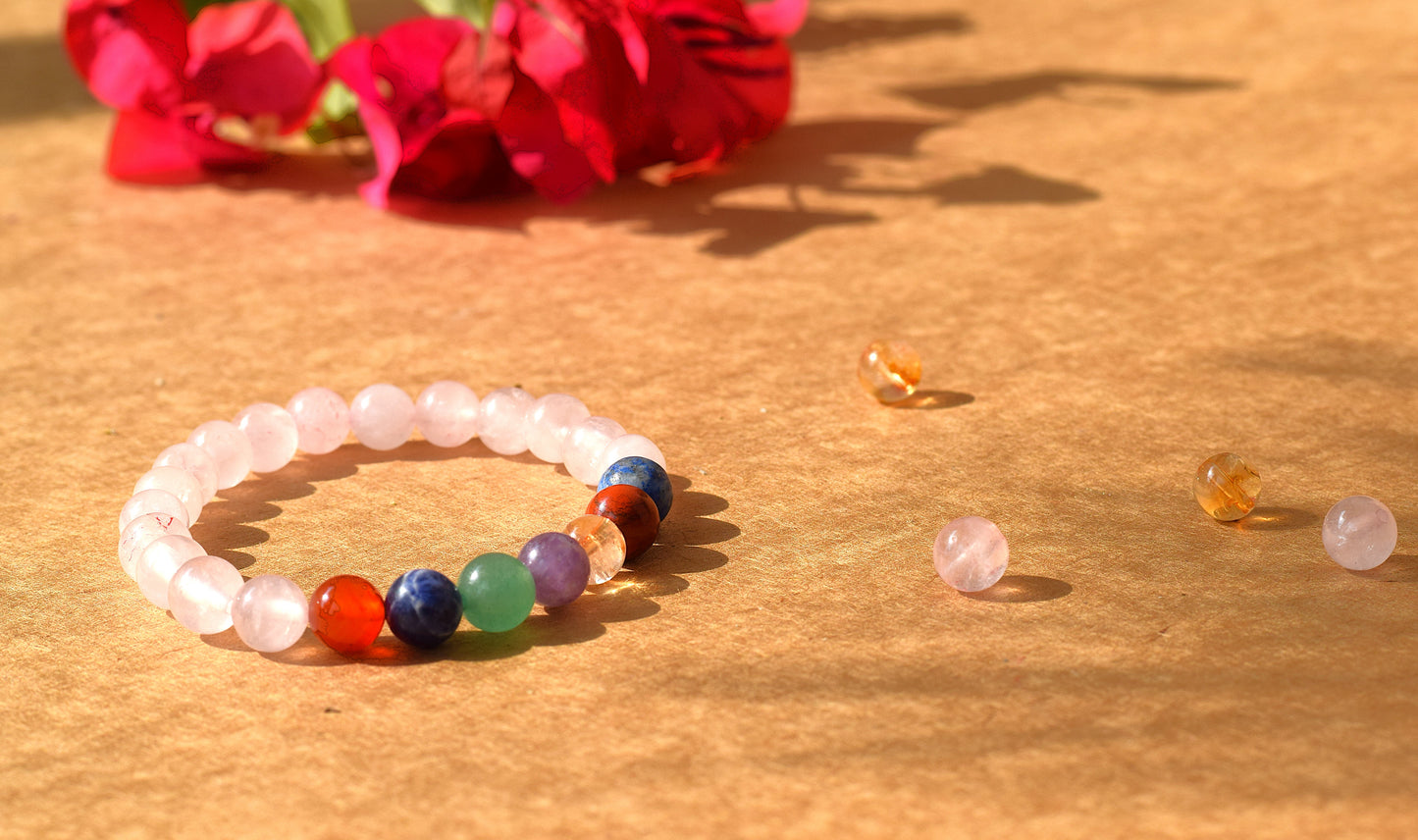 7 Chakra Rose Quartz Bracelet | Attracts Love & Aligns Energy Centers