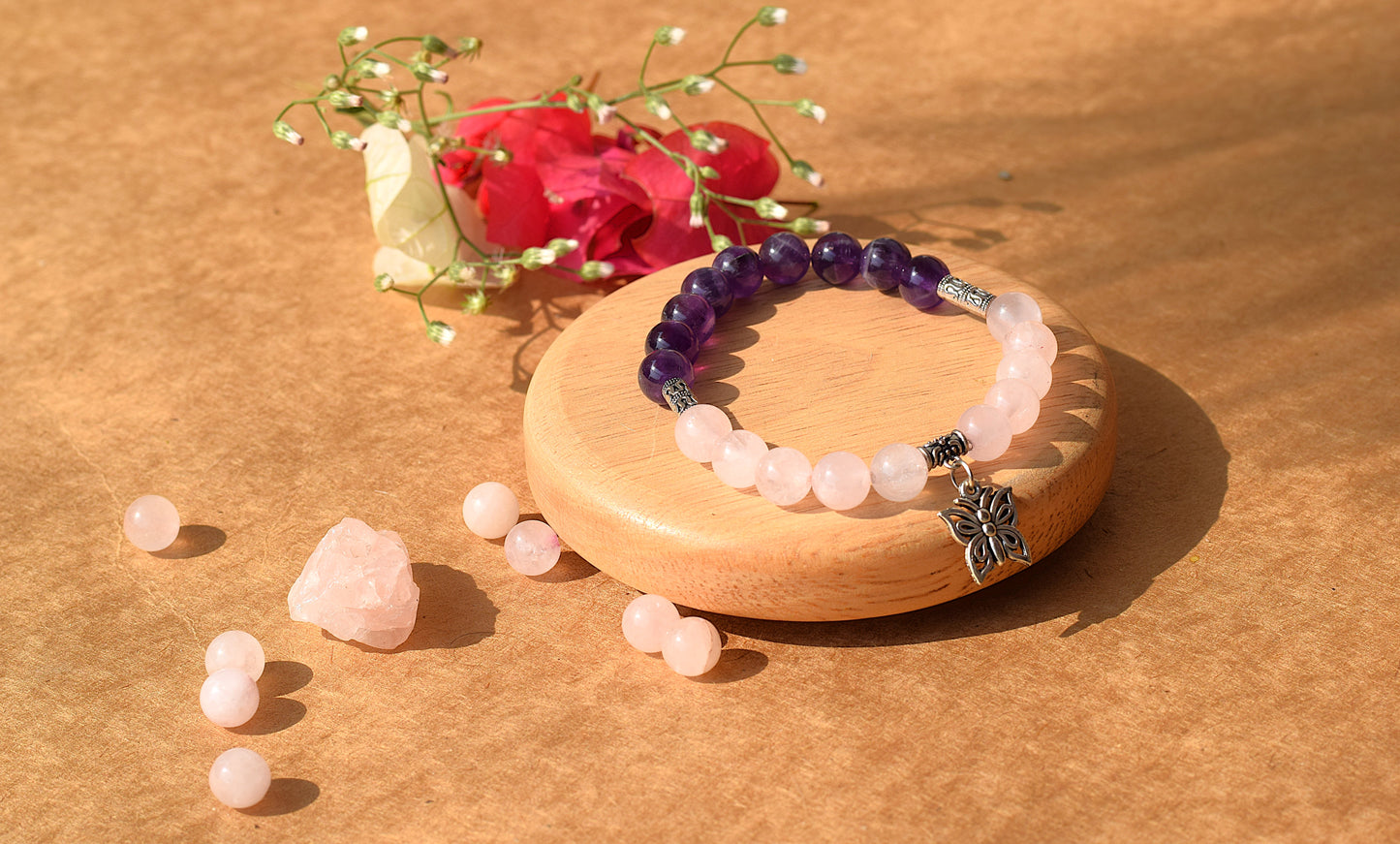 Rose Quartz & Amethyst Butterfly Bracelet | Enhances Love, Joy & Positive Energy