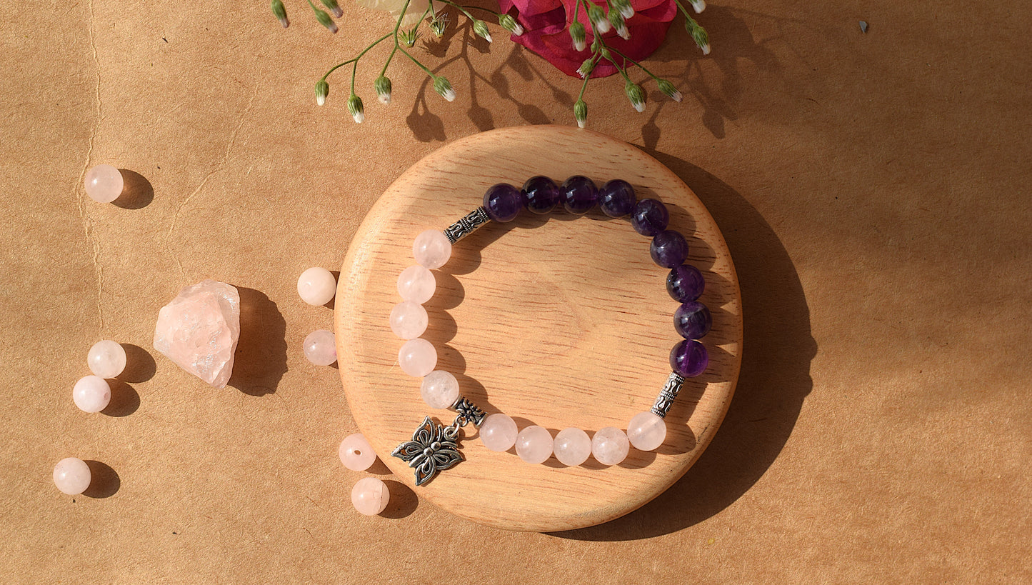Rose Quartz & Amethyst Butterfly Bracelet | Enhances Love, Joy & Positive Energy